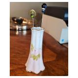 Hand-painted antique hat pin holder. 4  3/8 in tall. Includes hat pins as shown.