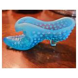 Fenton Blue Opalescent Hobnail Cat Head Slipper. 5.5 in long. Small chip as shown in last photo.