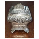Beautiful silver plate antique Georgian-style tea caddy.  4.5 x 4 x 6.25 in tall.