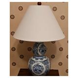 Blue and white Asian influence lamp. 27 in tall.