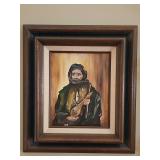Oil on canvas of a male figure playing a stringed instrument. 15x17 in