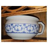 English Flow Blue pottery chamber pot,  Staffordshire, England. 9x5 in tall.