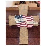 Beautifully designed heavy resin (stone look) wall hanging cross with American Flag and God Bless America banner…..7-1/4 x 10 tall