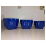 Set if (3) 100% Melamine royal blue nesting mixing bowls (only 2 lids)…..8-1/2”D x 5-3/4” tall, 7-3/8”D x 5-1/4” tall and 6-3/8”D x 4-1/2” tall