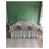 Great looking queen size vintage-inspired, white iron bed frame features ornate scrollwork, brass accents, and a floral-patterned quilted comforter…..there are no glass orbs on footrail