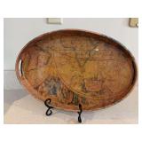 Vintage oval wood serving tray featuring an old-world map design…..16 x 10-1/4 x 1-1/2…..does have small blemish along bottom edge (see pics)