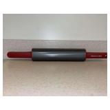 KitchenAid Gourmet Rolling Pin featuring a silver carbon steel barrel and red nylon handles……19-1/2” long handle to handle