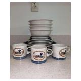 17 pieces of JEPCOR by EPOCH American Decoy Turn of the Century stoneware dinner ware…..several pieces are chipped…..4 dinner plates, 4 salad plates, 2 saucers, 4 soup bowls, 3 cups