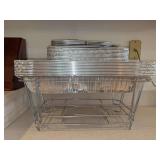 Grouping of wire chafing dish stand, large aluminum pans, aluminum casserole 1/2 pans, aluminum loaf pans and plastic utensils