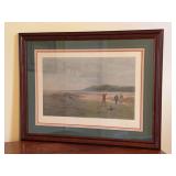Framed print titled "The Drive" by artist Douglas Adams, depicting a Victorian-era golf scene…..35-1/2 x 27-1/2
