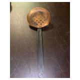 Vintage Copper Ladle Strainer Spoon with Long Wrought Iron Style Handle - can also be used as a Frying Skimmer - 16-3/4” long