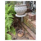 Black metal plant stand with round concrete top and satin finish ceramic planter - also includes planter underneath - 36” tall to top of planter