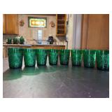 Set of (8) Vintage Dark Green Anchor Hocking EAPG 4” tall Tumblers in Sunflower Sandwich Pattern