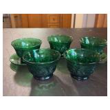 Set of (3) Vintage Dark Green Anchor Hocking EAPG Custard Cups And Saucers in Sunflower Sandwich Pattern and (2) cups without saucers