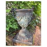 Cast iron urn-style planter - 7-3/4” base x 13” tall to top of handle - one handle is broken