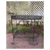 Wrought iron tea cart plant stand - there is a small hole in the top but it also includes (3) pieces of slate to use for plants - 26-3/4” long x 15-1/2” wide x 28-1/4” tall