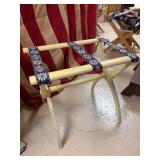 Vintage painted wood folding luggage rack with tapestry strapping…..22-1/4 x 14-1/4 x 17-3/4 tall