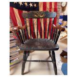 Vintage Nichols & Stone Hitchcock-style Windsor armchair featuring hand-decorated gold stenciling of an eagle and stars on a black-painted finish…..needs TLC…..23-1/4 x 17 x 18-1/4 tall to seat (3