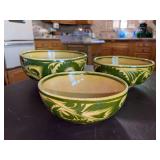 Timeless Mexican Pottery Clay Nesting Bowls in pale yellow and green design…..7-3/4”D x 3-1/4” tall - 8-3/4”D x 4” tall - 10-1/8”D x 4-3/4” tall….all show wear from age and use