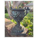 Cast iron urn-style planter - 7-3/4” base x 13” tall to top of handle - one handle is broken