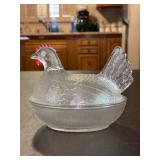 Vintage Indiana Glass Clear Glass Hen on Nest - No Beaded Edge…6-2/4 x 4-3/4 x 5-1/4 tall….there is slight chipping around rim on hen (see pics)