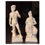 (2) white ceramic figurines - left is David and stands 9-1/4” tall (head has been reattached) and right is Moses and stands 8” tall and marked G. RUGGERI