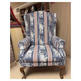 Queen Anne style wing back chair with patriotic Statue of Liberty upholstery…..chair is heavy and in good condition…..30 x 21 x 17 tall to seat (44 tall overall)