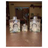 Set of (3) Jay Willfred For Andrea by Sadek Portugal Etched Flasks - 2 larger stand 5-3/4” tall and small one stands 3” tall