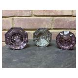 Grouping of (3) vintage glass doorknobs….2 are amethyst and the other is clear glass…..2 and 2-1/4”D