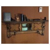 Antique oak wooden wall-mounted hall tree beveled mirror featuring a storage shelf with beaded edge and integrated coat hooks…..35-1/2 x 16 tall…..OTHER CONTENTS NOT INCLUDED