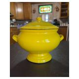 Vintage Enamelware Yellow Soup Tureen with black trim…..8-1/4”D x 9-1/2” tall…..some peeling on inside rim of lid