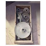 Wooden box of various size pullies