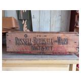 Partial wood advertising box made into tool caddy - 19 x 9 x 5-3/4” tall
