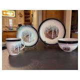 Service for (4) FolkCraft Stoneware “White Tail Deer” - 4 dinner plates, 4 salad plates, 4 cereal/soup bowls and 4 mugs