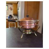 Copper Chafing Dish - 9-1/2”D x 10-1/2” tall - lid is slightly bent around rim and water pan has a dent