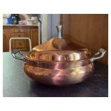 Lidded copper casserole….9”D x 3-1/2” tall….needs polished and has a tarnished spot