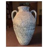 Textured, amphora-style ceramic vase featuring a green and earthy beige glaze with a rough, patterned finish…..10-3/4” tall