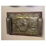 Antique-style wall-mounted brass plaque featuring a maritime design of a sailing ship - included with attached brass hooks are (2) brass handle boot brushes - 13-3/4 x 10
