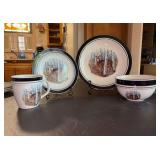 Service for (4) FolkCraft Stoneware “White Tail Deer” - 4 dinner plates, 4 salad plates, 4 cereal/soup bowls and 4 mugs