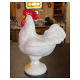 Vintage Westmoreland milk glass rooster covered candy dish, standing on a pedestal base with painted red and yellow accents…..6-1/2 x 8-1/2 tall