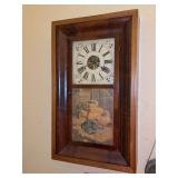 Antique Ogee (or OG) shelf/wall clock featuring signed print of little boy with chicken and broken eggs…..no key but does have weights…..15-1/2 x 4-1/2 x 25-1/2 tall