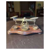 Antique Brass Wood Balance Postal Scale w/ Weights