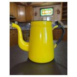 Vintage oTo Enamelware Yellow with Black Trim Coffee Pot (no lid)…..7” tall….peeling on bottom….well used and loved