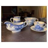 Nice grouping of blue & white home decor pieces - back left is by Old English Staffordshire Ware, back right is “Ti Quinn” Royal Staffordshire Dinnerware by Clarice Cliff, 2 front are unmarked
