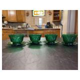 Set of (4) Vintage Dark Green Anchor Hocking EAPG Custard Cups And Saucers in Sunflower Sandwich Pattern