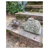 (2) pieces of yard art - wrought iron frog and smaller concrete “Mom’s Garden” statue