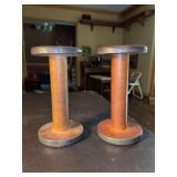 Pair of antique wood thread spools - 9-1/2” tall