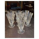 Set of (7) Vintage Rock Sharpe (Beaumont) Vintage cut crystal footed sundae tumblers - 5-3/4” tall - tiny chip around rim on (2)