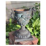 Cast iron urn-style planter - 7-3/4” base x 13” tall to top of handle - one handle is broken