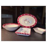 (4) Royal Seasons Stoneware Serving Pieces and (1) unmarked candy dish which is a close match - 14” platter in box, 2 (10”) serving bowls, 6-1/4” candy dish and 7” candy dish